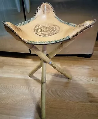 Vtg Hand Tooled  Folding Tripod Saddle Seat Stool Chair Embossed Leather • $75