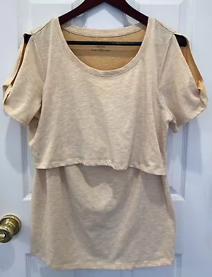 Motherhood Maternity Nursing Top Shirt L Cold Shoulder Tan Short Sleeve Cotton • $12.99