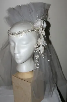 Vintage White Wedding Veil Flower Crystal Pearl Beaded Head Band Double Layer • $85