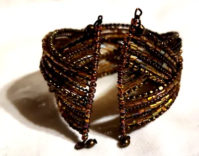 ~ VTG Stretch Wire Bracelet Glass Seed Beads Brown Cuff Style • $15.99