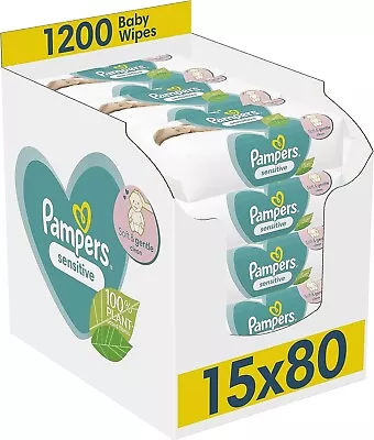 Pampers Sensitive Baby Wipes 15 Packs Of 80 = 1200 Baby Wet Wipes Free Delivery • £23.90