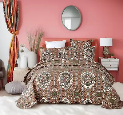 Dada Bedding Earthy Cross Motif Folk Bedspread - Cozy Arabian Moroccan Ogee Rust • $163.73