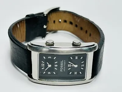 RARE Working Fossil Arkitekt Silver-Tone Dual Time Quartz Mens Watch FS-3024 R2 • $78.20