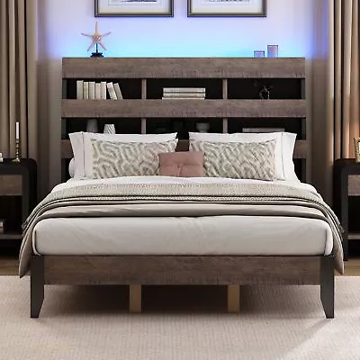 Mid Century Modern Queen Bed Frame W/ Bookshelf LED Lights & USB Walnut/Black • $353.63