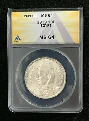 1939 Egypt  Uncirculated 10 Piastres Silver ANCS MS64  • $134