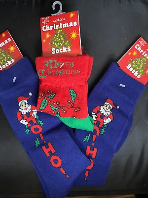 (3)BRAND NEW MEN(2)Crew CHRISTMAS Socks Navy Ho-Ho & (1) Ladies Ankle Holly Lot • $11.99