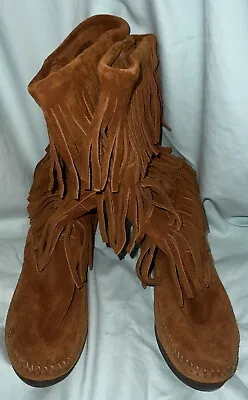 MINNETONKA Moccasins High Top Fringe Brown Suede Boots Shoes Women’s Size 8M GC! • $39.99