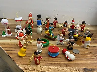 Vintage Wooden Mini Christmas Tree Ornaments~Wood Figures~Hand Painted~Lot Of 30 • $14.95