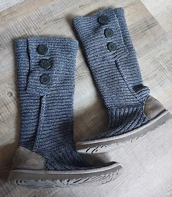 Ugg Classic Cardy Button Knit Tall Winter Boots Size 8 Women's Blue Gray Pull On • $33.99