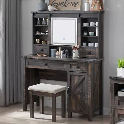 T4TREAM Farmhouse Makeup Vanity Desk With Sliding Mirror And Lights 42'' Glass • $78