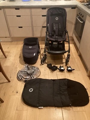 £100 • Buy Bugaboo Bee 3 Travel System All Black Plus Carry Cot And Rain Cover