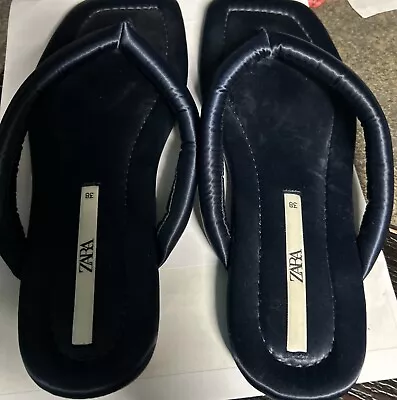 Zara Quilted Slides Dark Blue Size 38 EU US Size 7-7.5 . Satin Like  Square Toe • $12