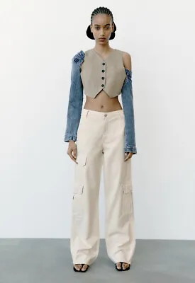 $20 • Buy Zara High-Rise Wide Leg Linen Blend Cargo Pants Beige Size Xs