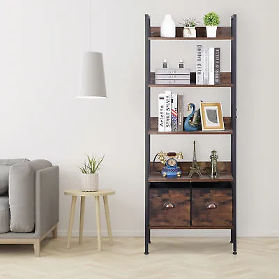 5 Tier Bookshelf Vintage Bookcase With 2 Drawers Library Storage Cabinet Brown • $53.58