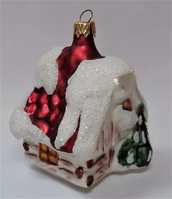 W Vtg Christmas Tree Ornament Blown Glass Country Log Cabin Snow Glitter • $12.95