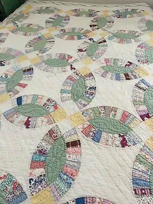 Vintage 30s 40s Double Wedding Ring Quilt Green Feedsack Hand Stitched 100x68” • $255