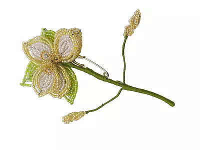 Cream Green French Beaded Flower Floral Brooch Pin Handmade Vintage • $21.24