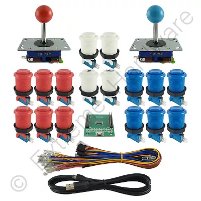 2 Player Arcade Control Kit 2 Ball Top Joysticks 16 Buttons Xin-Mo Red/Blue MAME • £46.99