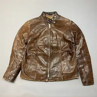 $179.99 • Buy Schott Vintage Leather Jacket Cafe Racer Motorcycle Brown Side Waist Buckles 36