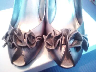 Womens Shoes - Pewter Coloured Peep Toes Stilettos With Ruffle Detail • £8.99