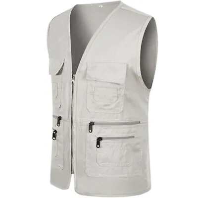 Mens Multi Pockets Waistcoat Utility Vest Fishing Travelling Hiking Gilet Coat • £14.34