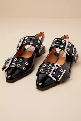 Women's Black Patent Studded Buckle Slingback Flats • $60