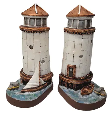 Lighthouse Vintage 80's Ceramic 10.5  Bookend Pair Nautical Ocean Sailboat USA • $44.99