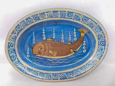 1950's Mexican 11.75  Oval Fish Platter Blue Hand-Made Hand-Painted Vintage • $59.50