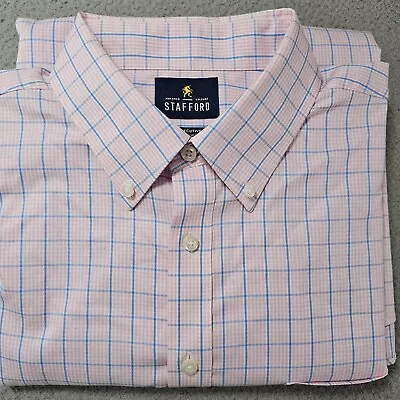 Stafford Dress Shirt Mens 17.5 34/35 Pink Check Executive Oxford Travel Cotton • $24.89