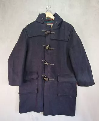 GLOVERALL Duffle Coat Mens Large Blue Check Tartan Wool Overcoat Very Heavy • $36.98