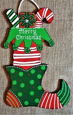 Merry Christmas ELF STOCKING SHOE SIGN Wall Door Hanger Plaque Wreath Accent  • $13