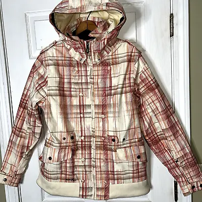 Women Sz Medium Oakley Red Ivory Geo Plaid Recon Snow Ski Snowboard Jacket Coat • $39.99