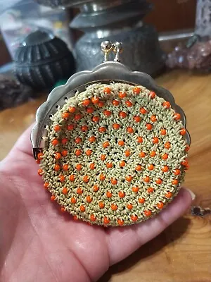 Vintage 1970s Handmade Crocheted Beaded Coin Purse. Orange & Tan • $15.99
