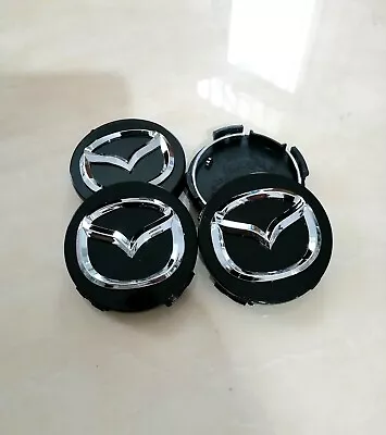 MAZDA LOGO CENTRE CAPS WHEEL HUB 4 X SET ALLOY BADGE EMBLEM BLACK 56mm MPS TURBO • £8.50