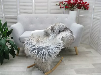 Grey Brown Curly Wool Sheepskin Rug Real Mongolian Rug Chair Sofa Cover G526 • $124.69