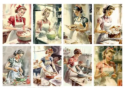 Set Of 8 Vintage Retro Ladies Cooking Ephemera 50's Collage Cotton Fabric Blocks • $14.80