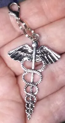 Silver Medical Caduceus Charm Zipper Pull & Keychain Add On Clip!! • $3.80