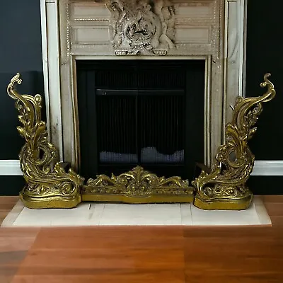 Antique 19th Century French Louis Xv Fireplace Andirons & Fender Solid Brass • $495