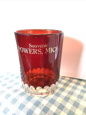 3.5” RUBY FLASH GLASS CUP SOUVENIR POWERS MICHIGAN MI MICH 1920’s • $27.88