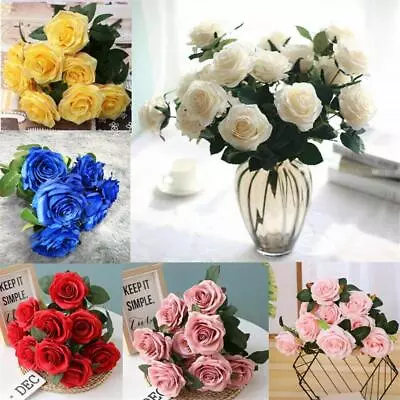 10 Heads Silk Rose Artificial Flowers Fake Bouquet Wedding Home Party Decor • £6.59