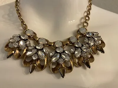 J. Crew Statement Necklace Clear Crystal Flower Gold Tone Elegant Formal Jewelry • $22