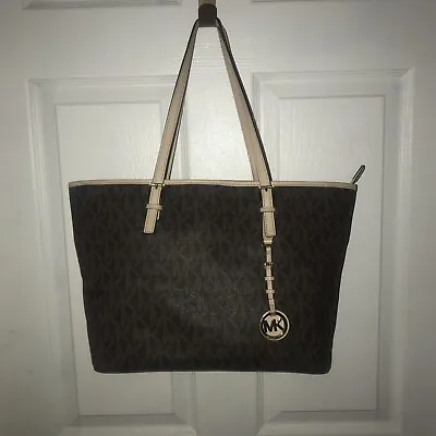 MICHAEL KORS Jet Set Brown MK Signature Zip Tote TZ Bag Gold MK Charm • $89.99