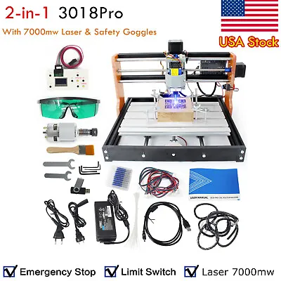 【USA】CNC 3018 PRO Mini Router Engraving Machine +LimitE-Stop +7000mw Laser Tube • $265
