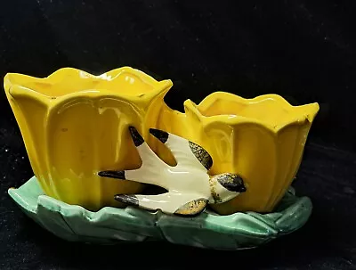 Vintage 1948 McCoy Pottery Yellow & Green Double Cache Tulip Planter Pot Bird • $65