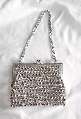 Vintage Silver Bead Handbeaded With Metallic Thread Purse Handbag Hong Kong • $12.99