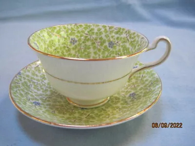 Rosina England Chintz Green Clover Blue Flowers Bone China Teacup & Saucer #5012 • $14.99