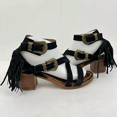 Matisse Women's Black Leather Fringe Sandals US 8.5 Slingback Western BUCKLED  • $76.98