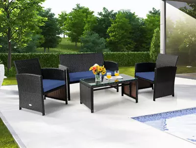 4 Piece Outdoor Furniture Set Navy Blue Chairs Sofa Coffee Table Patio Deck New • $377.99