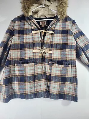 Mossimo Supply Co Plaid Wool Blend Jacket Coat Faux Fur Hood Womens Size L Large • $21.97