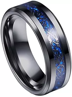 8mm Tungsten Carbide Ring Silvering Celtic Dragon Blue Carbon Fibre Inlay Weddin • $14.79